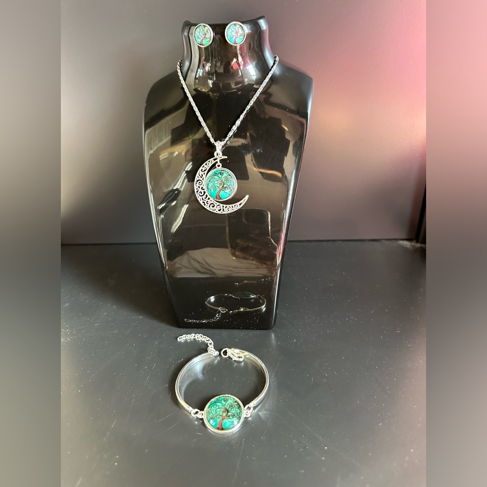 Tree of Life Jewelry Set with Crescent Moon Necklace, Earrings, and Bracelet